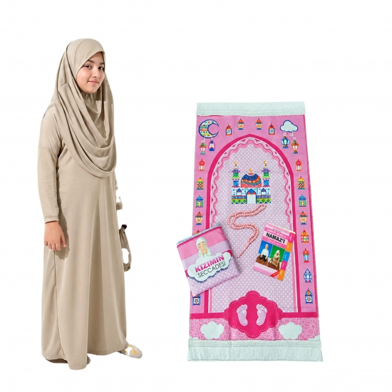 Kinder Gebetsset Mädchen Rosa mit beigem Gebetskleid Lernbuch und Tasche