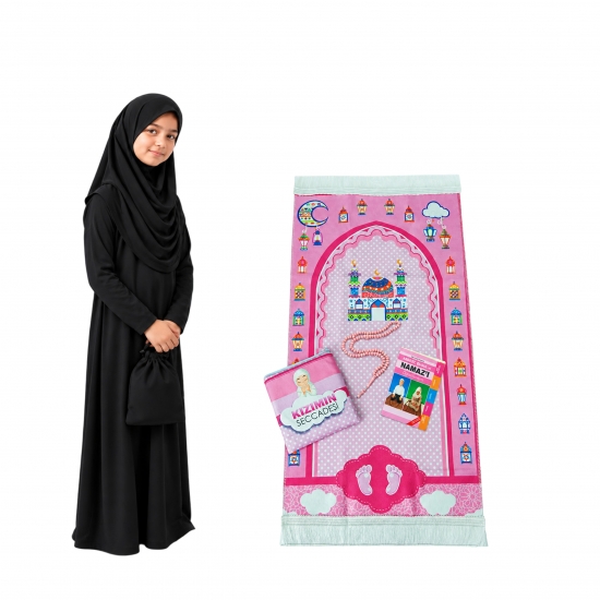 Kinder Gebetsset Mädchen Rosa mit schwarzem Gebetskleid Lernbuch und Tasche