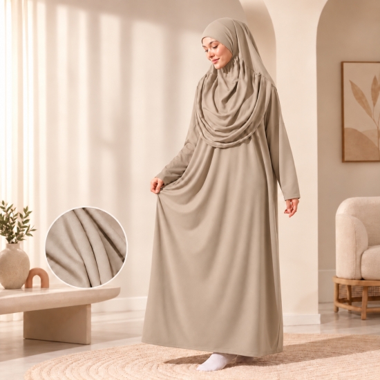 Gebetskleid Beige mit Kopfbedeckung, weitem Schnitt und Tragebeutel
