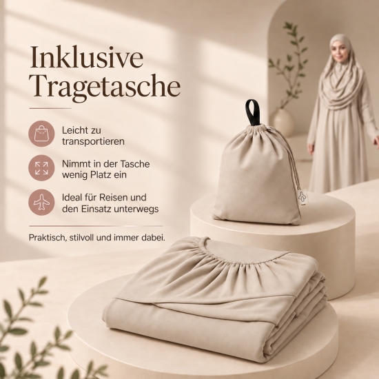 Preview: Gebetskleid Beige mit Kopfbedeckung, weitem Schnitt und Tragebeutel