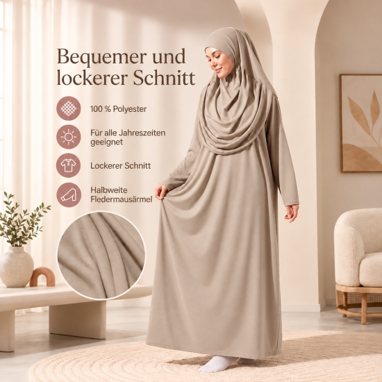 Preview: Gebetskleid Beige mit Kopfbedeckung, weitem Schnitt und Tragebeutel