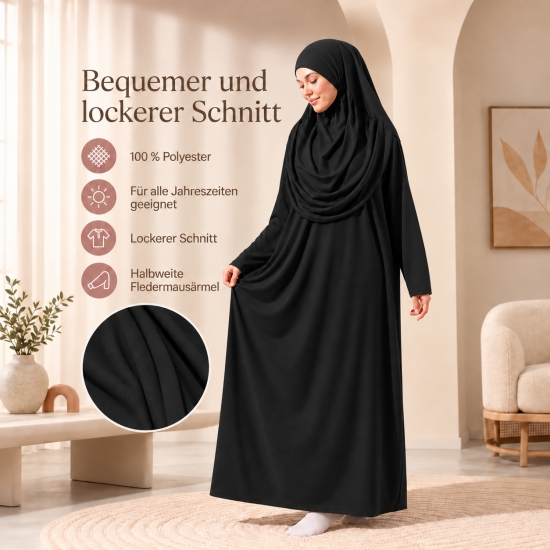 Preview: Gebetskleid Schwarz mit Kopfbedeckung, lockerem Schnitt und Beutel