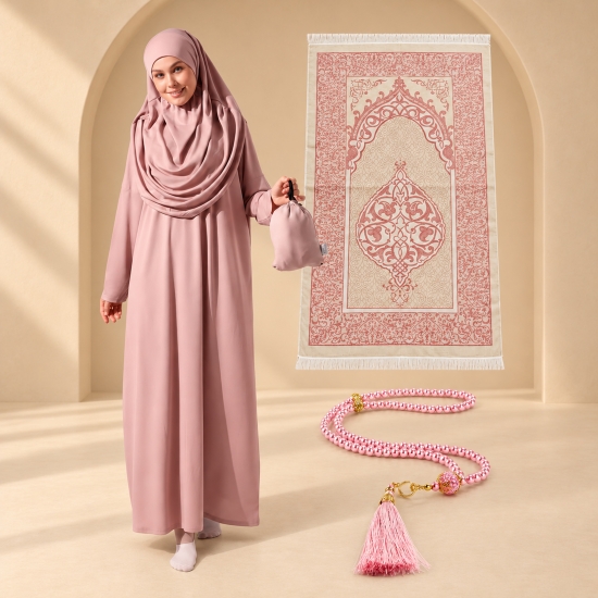 Gebetsset Rosa mit langem Gebetskleid Teppich und Perlenkette