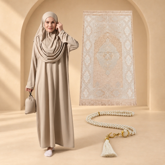 Gebetsset für Damen in Beige mit Gebetskleid, Teppich und Gebetskette