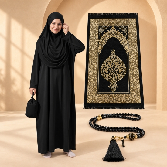 Gebetsset für Damen in Schwarz mit Gebetskleid, Teppich und Gebetskette