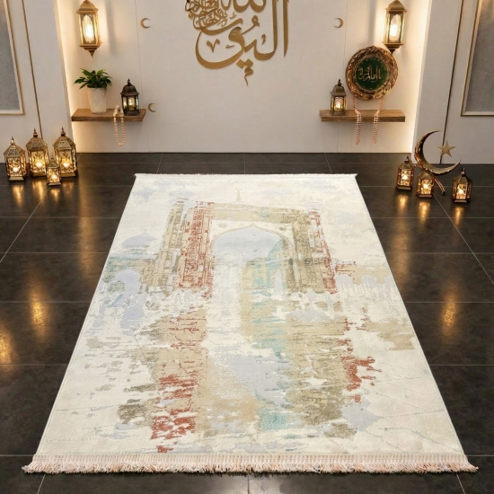 Gebetsteppich mit Moschee-Tor Motiv in hellen Creme- und Naturtönen