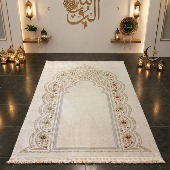 Gebetsteppich mit Mihrab-Motiv und ornamentaler Verzierung in Creme und Gold
