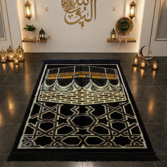 Gebetsteppich mit Kaaba-Motiv in Schwarz – Luxus Qualität, samtiger Flor, pflegeleicht, 70 x 115 cm