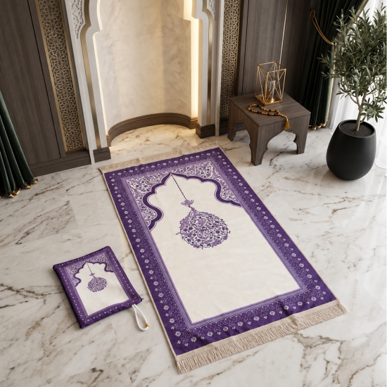 Gebetsteppich in Lila mit Ornamentmuster, Fransen und Tasche