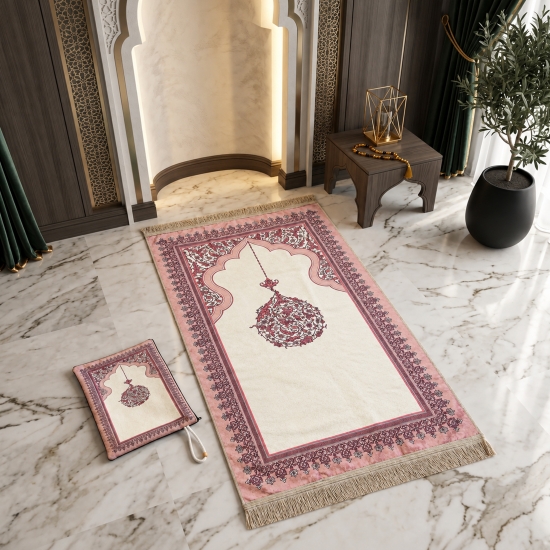 Gebetsteppich in Fuchsia mit Ornamentmuster, Fransen und Tasche