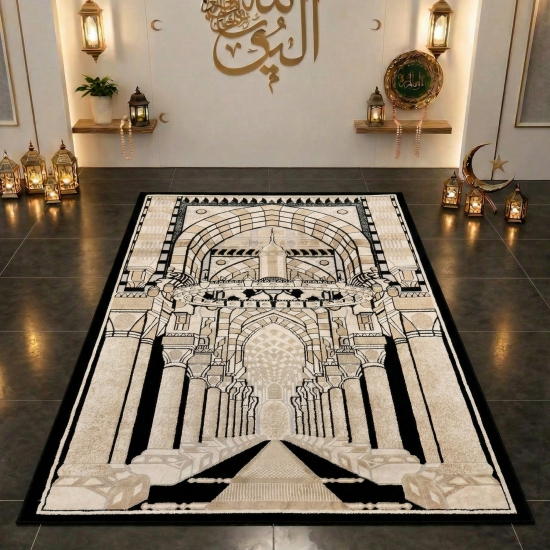 Gebetsteppich mit Moschee-Architektur Motiv in Schwarz, Beige und Creme
