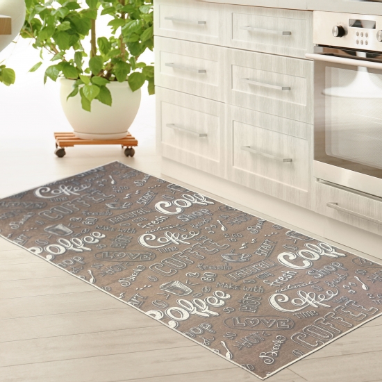 Küchenläufer Teppich beige waschbar mit „Coffee“ Schriftzug in weiß