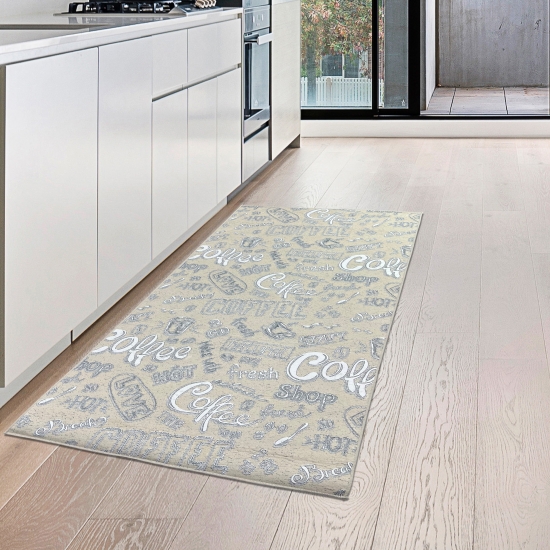 Preview: Küchenläufer Teppich beige waschbar mit „Coffee“ Schriftzug in weiß