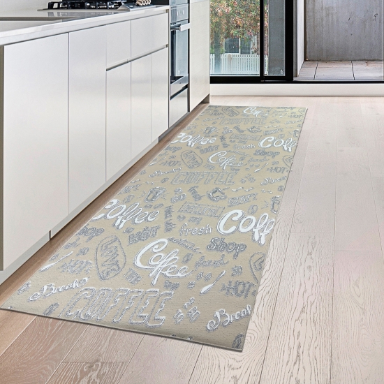 Küchenläufer Teppich beige waschbar mit „Coffee“ Schriftzug in weiß