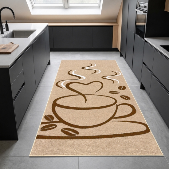Küchenläufer mit Tassen- und Herzmotiv, pflegeleicht in Beige