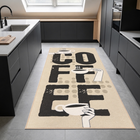 Küchenläufer Beige mit Coffee-Schriftzug und Tassenmotiven für die Küche