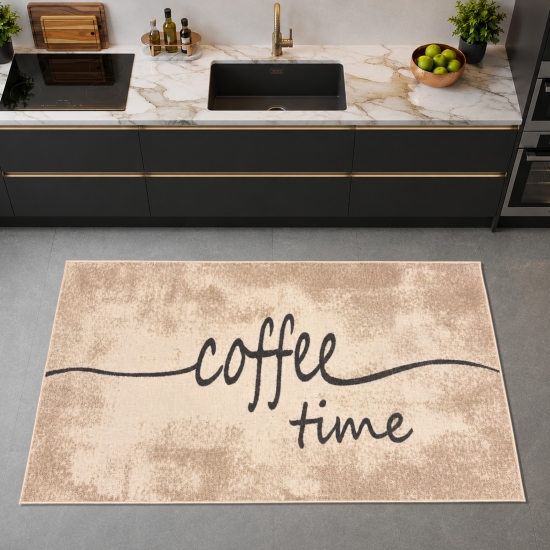 Küchenläufer Beige mit Coffee-Time-Schriftzug im Vintage-Look