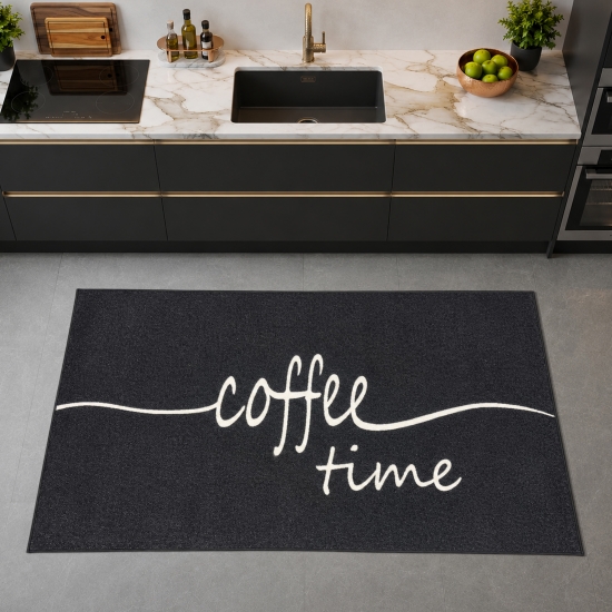 Küchenläufer Schwarz mit Coffee-Time-Schriftzug für die Küche