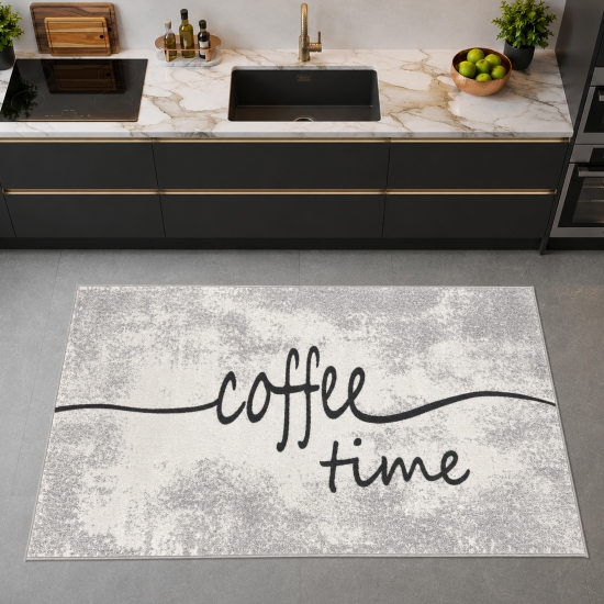 Küchenläufer Grau mit Coffee-Time-Schriftzug und melierter Optik