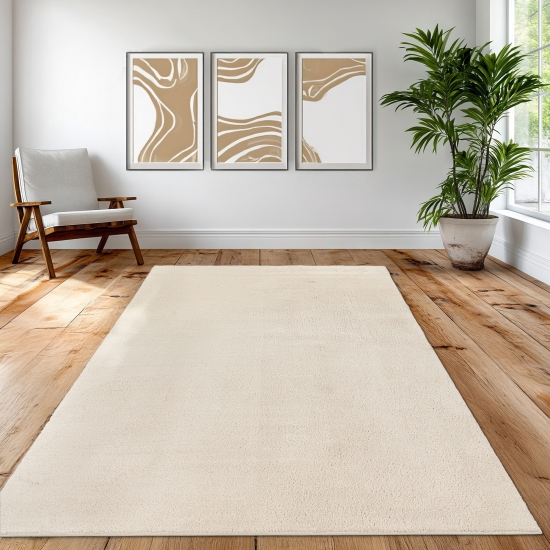Creme Teppich seidig weich kuschelig für Wohnzimmer, Schlafzimmer, Esszimmer