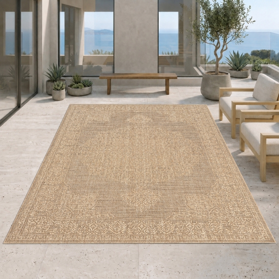 Teppich Beige mit Vintage Muster für drinnen und draußen