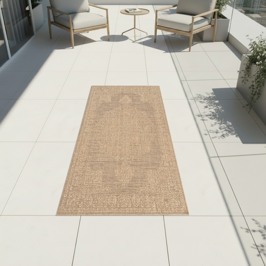 Preview: Teppich Beige mit Vintage Muster für drinnen und draußen
