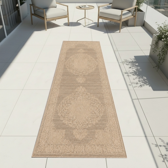 Preview: Teppich Beige mit Vintage Muster für drinnen und draußen
