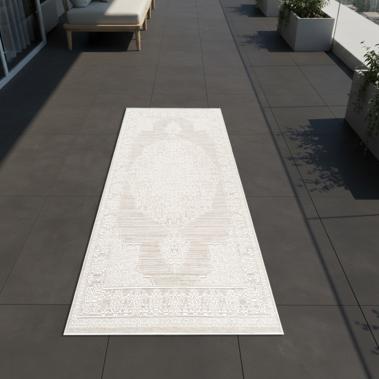 Preview: Teppich Greige Creme Vintage Ornament In & Outdoor Flachgewebe