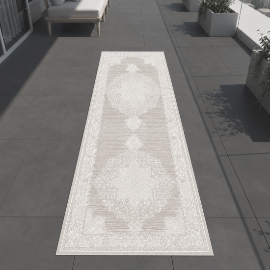 Preview: Teppich Greige Creme Vintage Ornament In & Outdoor Flachgewebe