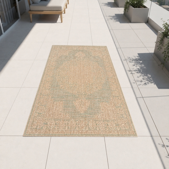 Preview: Teppich Grün Braun Ornamentmuster für Innen und Außen
