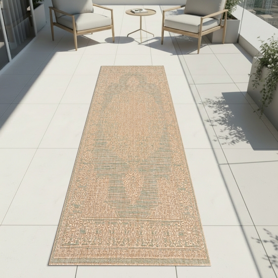 Preview: Teppich Grün Braun Ornamentmuster für Innen und Außen