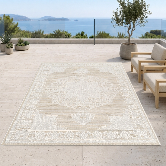 Teppich Beige Creme mit Vintage Ornament für Innen und Außen