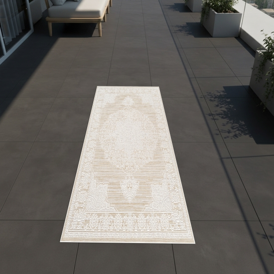 Preview: Teppich Beige Creme mit Vintage Ornament für Innen und Außen
