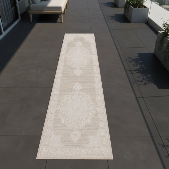 Preview: Teppich Beige Creme mit Vintage Ornament für Innen und Außen