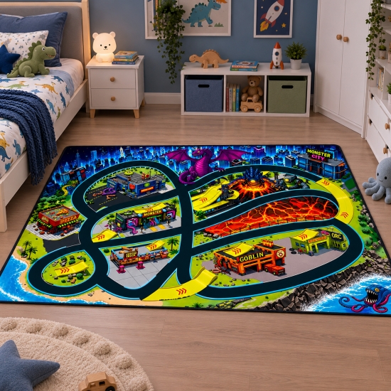 Teppich mit Monster-Stadtmotiv und Rennstrecke für das Kinderzimmer waschbar und Pflegeleicht