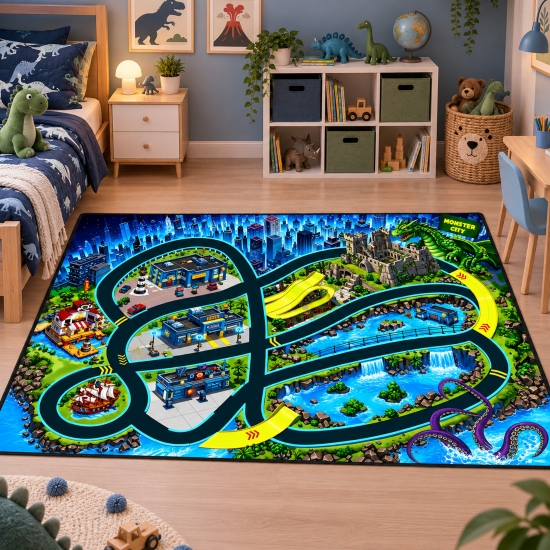 Waschbarer Kinderteppich mit grünem Drachen und Monsterstadt als Spielstraße