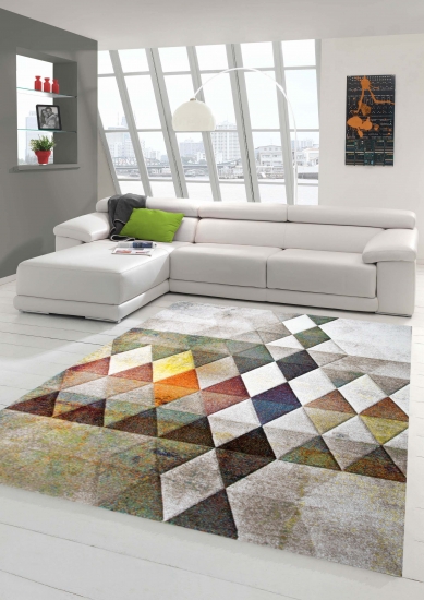 Designer Teppich Moderner Teppich Wohnzimmer Teppich Kurzflor Teppich mit Konturenschnitt Karo Muster Multi Farben Orange Grün Braun