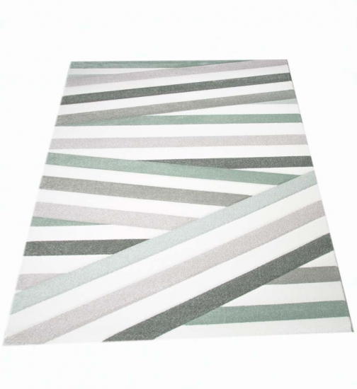 Preview: Designer Teppich Moderner Teppich Wohnzimmer Teppich Kurzflor Teppich mit Konturenschnitt Gestreift Pastellfarben Grün Creme Beige Preview: Kinderteppich