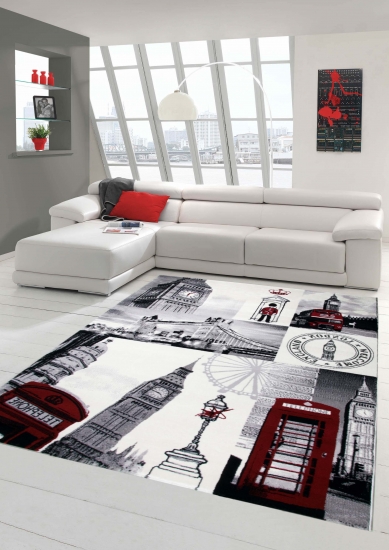 Designer Teppich Moderner Teppich Wohnzimmer Teppich London Motiv Creme Grau Rot Schwarz