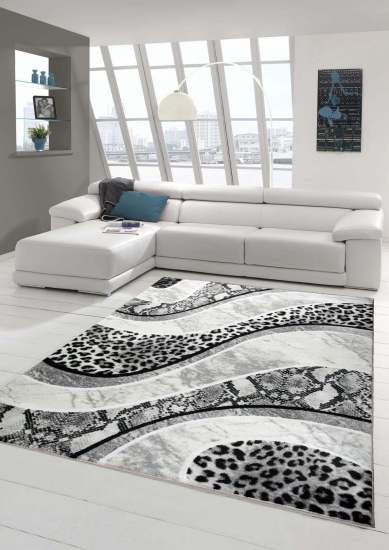 Teppich modern Wohnzimmerteppich mit Leoparden Muster in grau schwarz creme