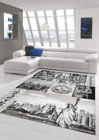 Designer Teppich Moderner Teppich Wohnzimmer Teppich New York Design Grau Creme Schwarz