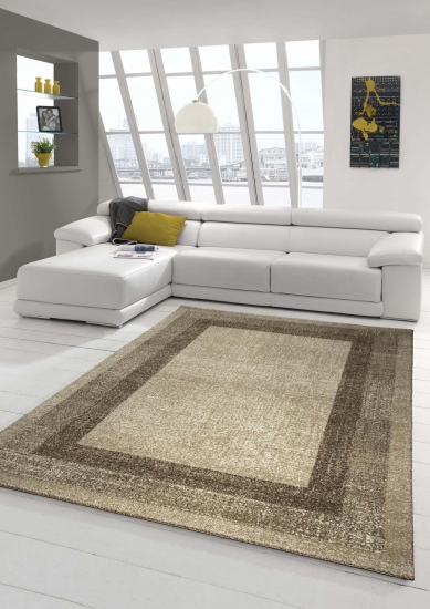 Designer Teppich Moderner Teppich Wohnzimmer Teppich Velours Kurzflor Teppich mit Winchester Bordüre in Braun Beige Creme