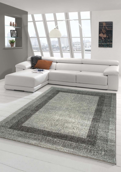 Designer Teppich Moderner Teppich Wohnzimmer Teppich Velours Kurzflor Teppich mit Winchester Bordüre in Grau Creme