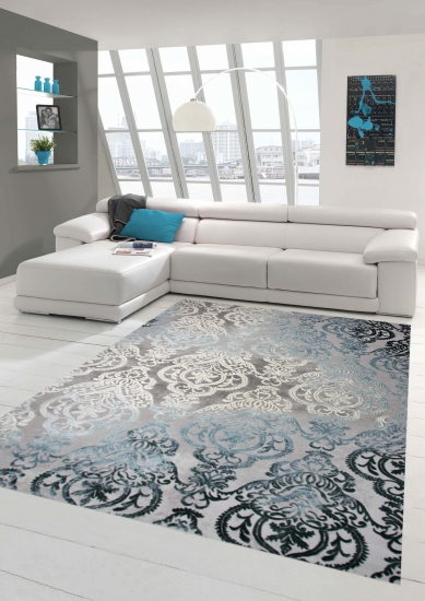 Designer Teppich Moderner Teppich Wollteppich Meliert Wohnzimmer Teppich Wollteppich  Ornament Türkis Grau Cream