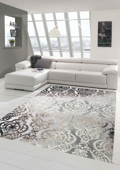 Designer Teppich Moderner Teppich Wollteppich Meliert Wohnzimmerteppich Wollteppich Ornament Grau Cream Taupe