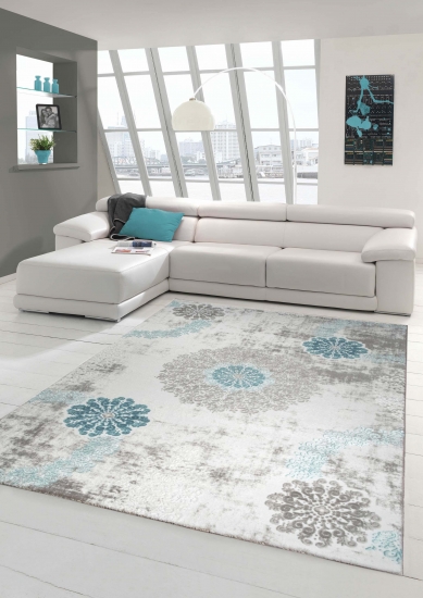 Designer Teppich Moderner Teppich Wollteppich mit Ornamente Wohnzimmerteppich Wollteppich in Türkis Grau Creme