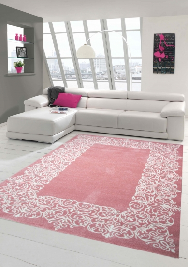 Designer Teppich Moderner Teppich Wohnzimmer Teppich Kurzflor Teppich mit Bordüre Pastellfarben Rosa Creme