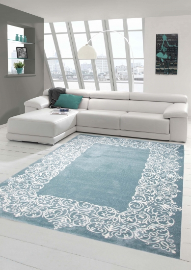 Designer Teppich Moderner Teppich Wohnzimmer Teppich Kurzflor Teppich mit Bordüre Pastellfarben Türkis Creme