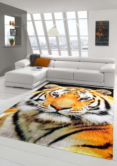 Designer Teppich Moderner Teppich Wohnzimmer Teppich Tiger Orange Creme Schwarz
