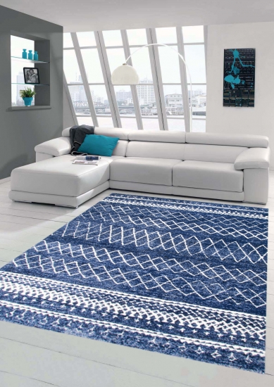 Designer Teppich Wohnzimmerteppich modern mit Ornamente in Blau Creme